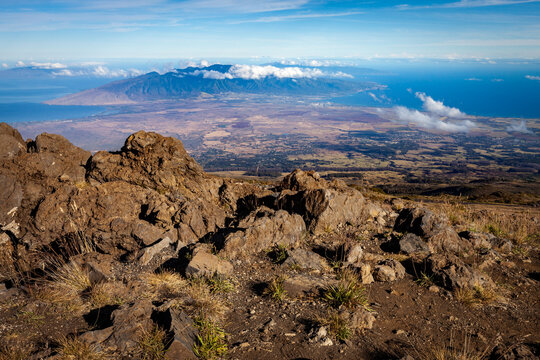 Stunning vista of the island Maui at the summit in Haleakala National Park.