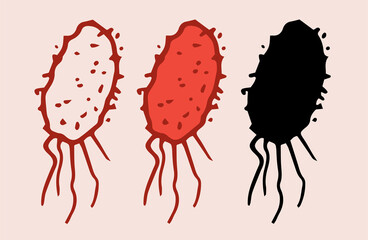 the icon of viruses and bacteria is red with tentacles at the end. a hand-drawn oval-shaped microbe with a texture of strokes and dots in an isolated red outline black silhouette for a medical design 
