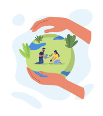 Hands hold Earth. Man and girl planting tree. Caring for environment, eco activists, responsible residents, oxygen production. Poster, banner, card and postcard. Cartoon flat vector illustration
