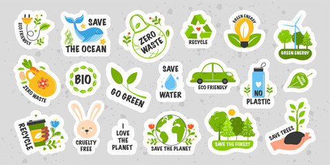 Collection of ecology stickers with slogans - zero waste, recycle, eco friendly, go green, save water, cruelty free, bio, save the ocean, no plastic. Modern isolated vector badges for web and print. - obrazy, fototapety, plakaty
