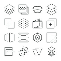 Layer icons set. Layers on top of each other, combination, flipping. Line with editable stroke