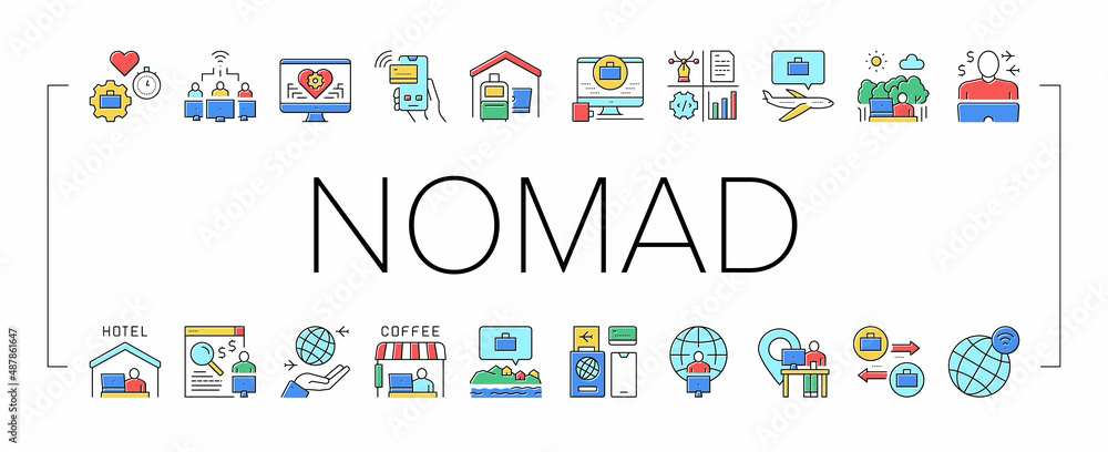 Poster digital nomad worker collection icons set vector .