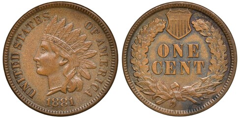 United States bronze coin 1 one cent 1881, Indian head left, value below shield within wreath,