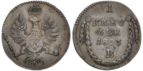 Germany German Brandenburg silver coin 1 one kreuzer 1803, crowned eagle holding scepter and orb in...