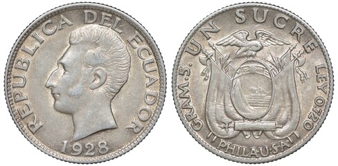 Ecuador Ecuadoran silver coin 1 one sucre 1928, head of Sucre left, arms, oval with mountains and...