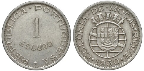 Portuguese Mozambique Mozambican coin 1 one escudo 1950, country name and denomination, arms, country name and date, shield with designs in front of stylized globe,