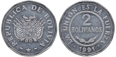 Bolivia Bolivian coin 2 two bolivianos 1991, arms, oval with designs in front of crossed flags and...