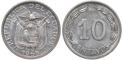 Ecuador Ecuadoran coin 10 ten centavos 1968, arms, oval with mountains and ship in front of crossed...