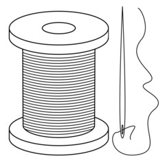Hand drawn bobbin with threads and a needle with a threaded thread.