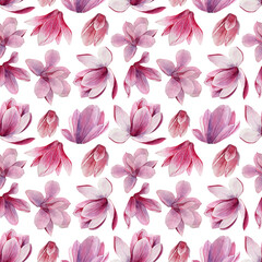 Bright seamless pattern with pink magnolia flowers. Digital paper with spring flowers.