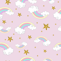 Seamless pattern with rainbow and golden stars vector