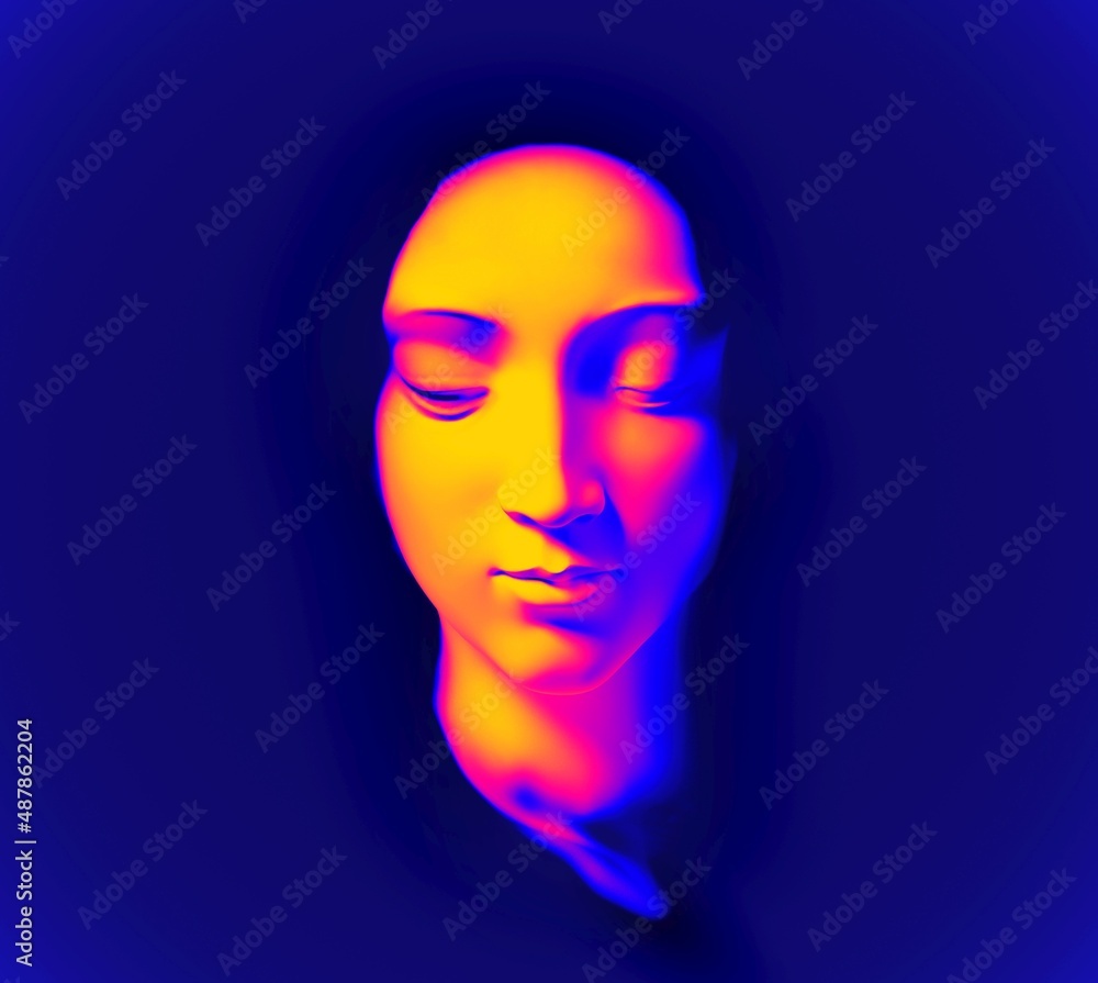 Poster digital illustration from 3d rendering of female face in synthwave vibrant colors style isolated on 