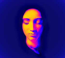 Digital illustration from 3d rendering of female face in synthwave vibrant colors style isolated on dark blue background.