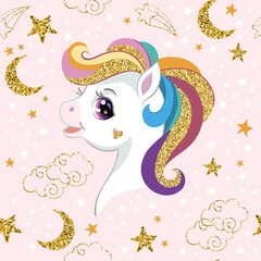 Cute unicorn head with golden mane seamless pattern vector