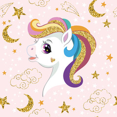 Cute unicorn head with golden mane seamless pattern vector © alinart