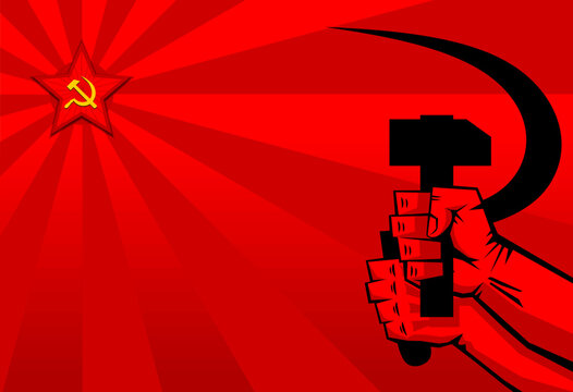 Red propaganda poster retro style. Sickle and hammer in hands, soviet star. Vector
