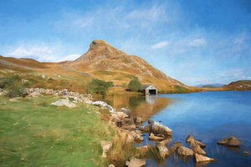Digital painting of Pared y Cefn-hir mountain during autumn in the Snowdonia National Park, Dolgellau, Wales.