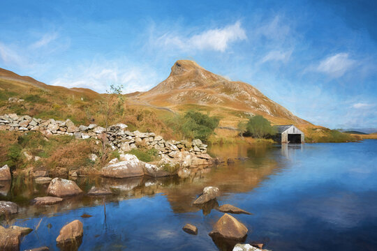 Digital painting of Pared y Cefn-hir mountain during autumn in the Snowdonia National Park, Dolgellau, Wales.