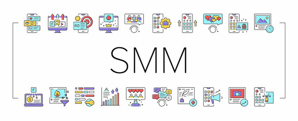 Smm Media Marketing Collection Icons Set Vector .