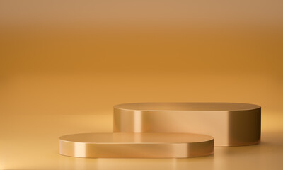 Gold metal podium. Two step product stand luxury golden theme. 3D illustration rendering.