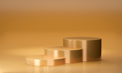 Gold metal podium. Three cylinder step product stand luxury golden theme. 3D illustration rendering.