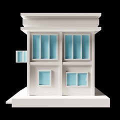 White building or modern style 2-floor house model. Architecture, low poly side 3d rendering. Blue window.