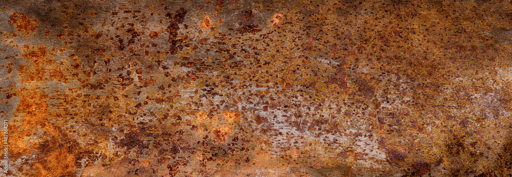 Poster old metal surface with red rust. wall with corrosion