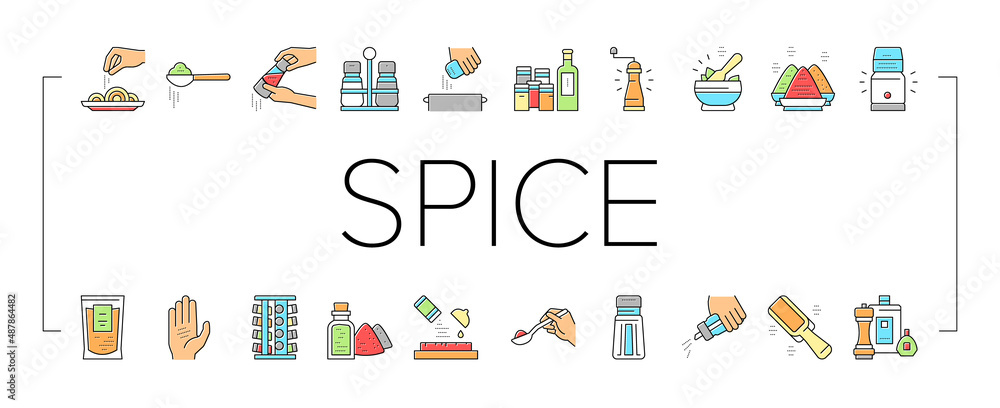 Poster spice condiment herb collection icons set vector .