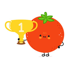 Cute funny tomato hold gold trophy cup character. Vector hand drawn cartoon kawaii character illustration icon. Isolated on white background. Tomato with winner trophy cup