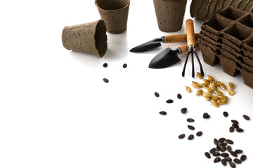Composition of a set of tools for planting seedlings at home. A small garden equipment, peat pots and scattered pumpkin and watermelon seeds nearby. Concept: preparation for the spring planting season