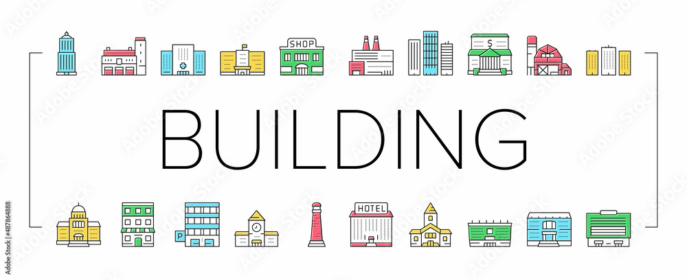 Poster building architecture collection icons set vector .