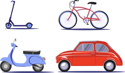A set of isolated means of transport on white background flat vector illustration