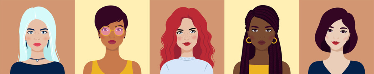 Set of portraits of the beautiful young women. Avatars of multi-ethnic girls. Vector illustration.