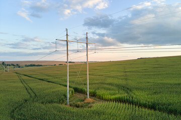Tower with electric power lines for transfering high voltage electricity located in agricultural...