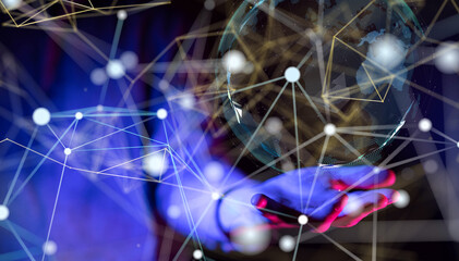 Global network. Blockchain. 3D illustration. Neural networks and artificial intelligence. Abstract