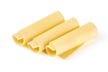 Traditional Dutch Gouda cheese slices, isolated on white background.