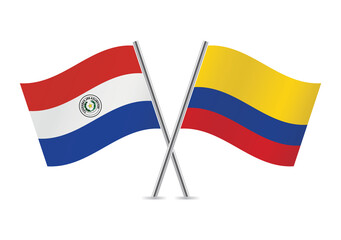Paraguay and Colombia crossed flags. Paraguayan and Colombian flags, isolated on white background. Vector icon set. Vector illustration.