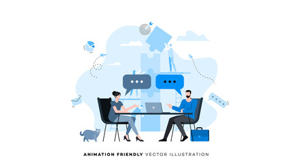 Fototapeta na wymiar Man and woman negotiating at the table. Animation ready duik friendly vector Illustration. Conceptual business story. Puzzle connection, teamwork abstract metaphor, partnership, solving problem.