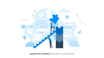 Man supports ladder so that woman can complete tower of puzzles. Animation ready duik friendly vector Illustration. Conceptual business story. Puzzle connection, teamwork abstract metaphor.