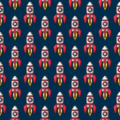 White-red pixel space rockets isolated on dark blue background. Cute seamless pattern. Vector simple flat graphic illustration. Texture.