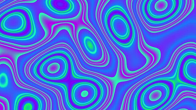 Blue background with flowing neon round shapes. Multicolor abstract moving gradient animation. Fractal background with liquid animation. Peacock feather concept. Blue violet green neon cover