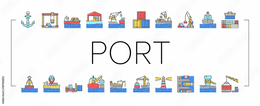 Poster container port tool collection icons set vector .