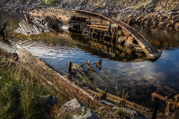 Old destroyed wooden ship in the arctic, Teriberka, Russia © DRyabko