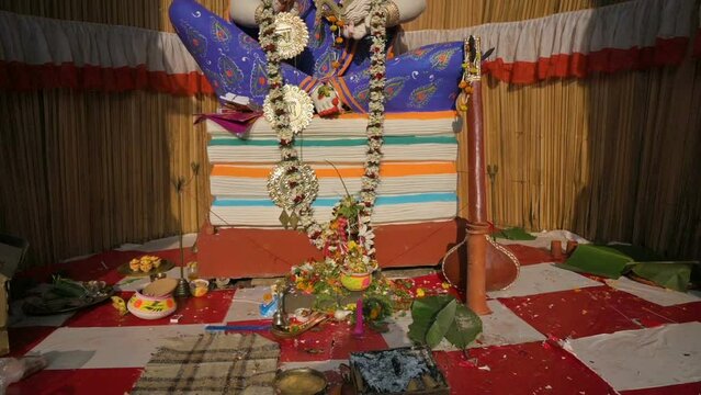 Howrah, West Bengal, India - 5th February 2022 : Idol of Goddess Saraswati with beena. Saraswati is Hindu goddess of knowledge, music, art, wisdom, and learning.