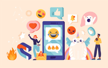 People with viral concept. Users share pictures and videos with friends. Emoji, sticker for social media. Digital world and favorite characters. Chatting in Internet. Volumetric vector illustration