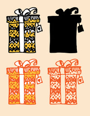 gift box in yellow packaging with a zigzag pattern with a rope bow on top. silhouette in black.rectangular vertical box bow top in doodle style for design template