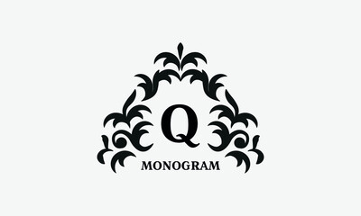 Elegant floral logo design template for letter Q. Calligraphic dark elegant ornament on a light background. Business sign, identity monogram for restaurant, boutique, hotel, heraldic, jewelry.