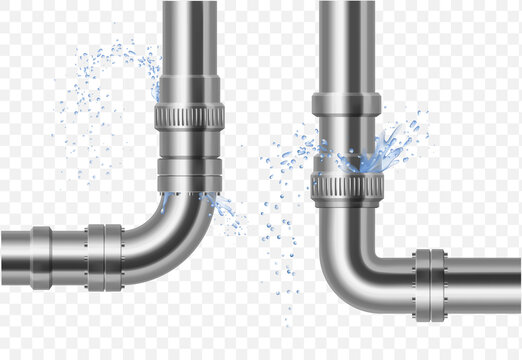 Plumbing, piping, realistic pipes.Leakage of water pipes. Broken steel pipeline with leak, leaky valve, drip fittings, burst pipe, leak, leaking pipes. vector