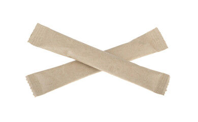 Sugar stick. Sugar in paper kraft packaging. Mock up for design isolated on white background