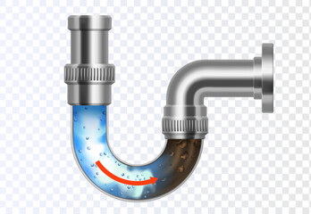 Plumbing. Clogged pipeline. 3d realistic metal pipeline.Pipe cleaner. A strong chemical agent clears the blockage in the pipe. Cleaning product advertising element.vector